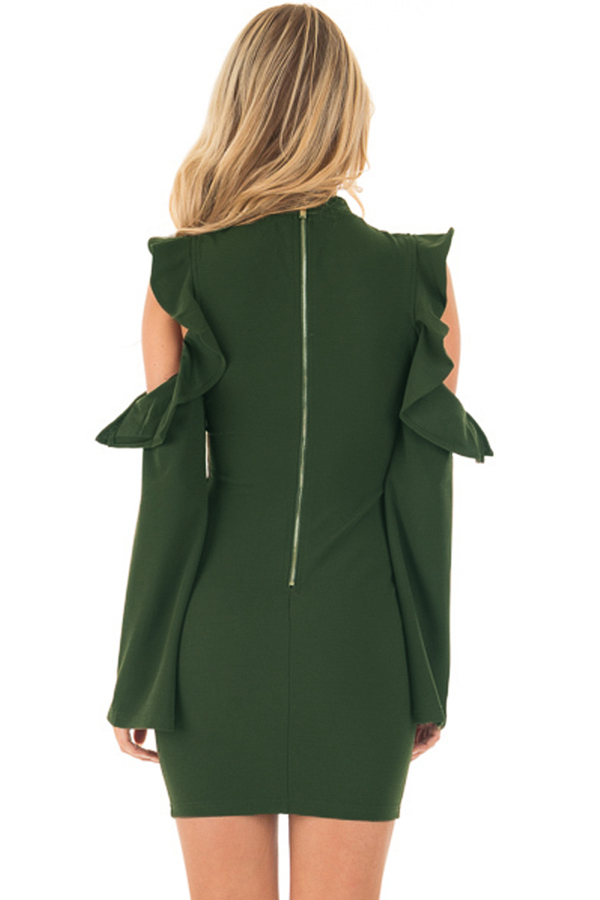 BY220150-9 Army Green Cold Shoulder Ruffle Long Sleeve Bodycon Dress